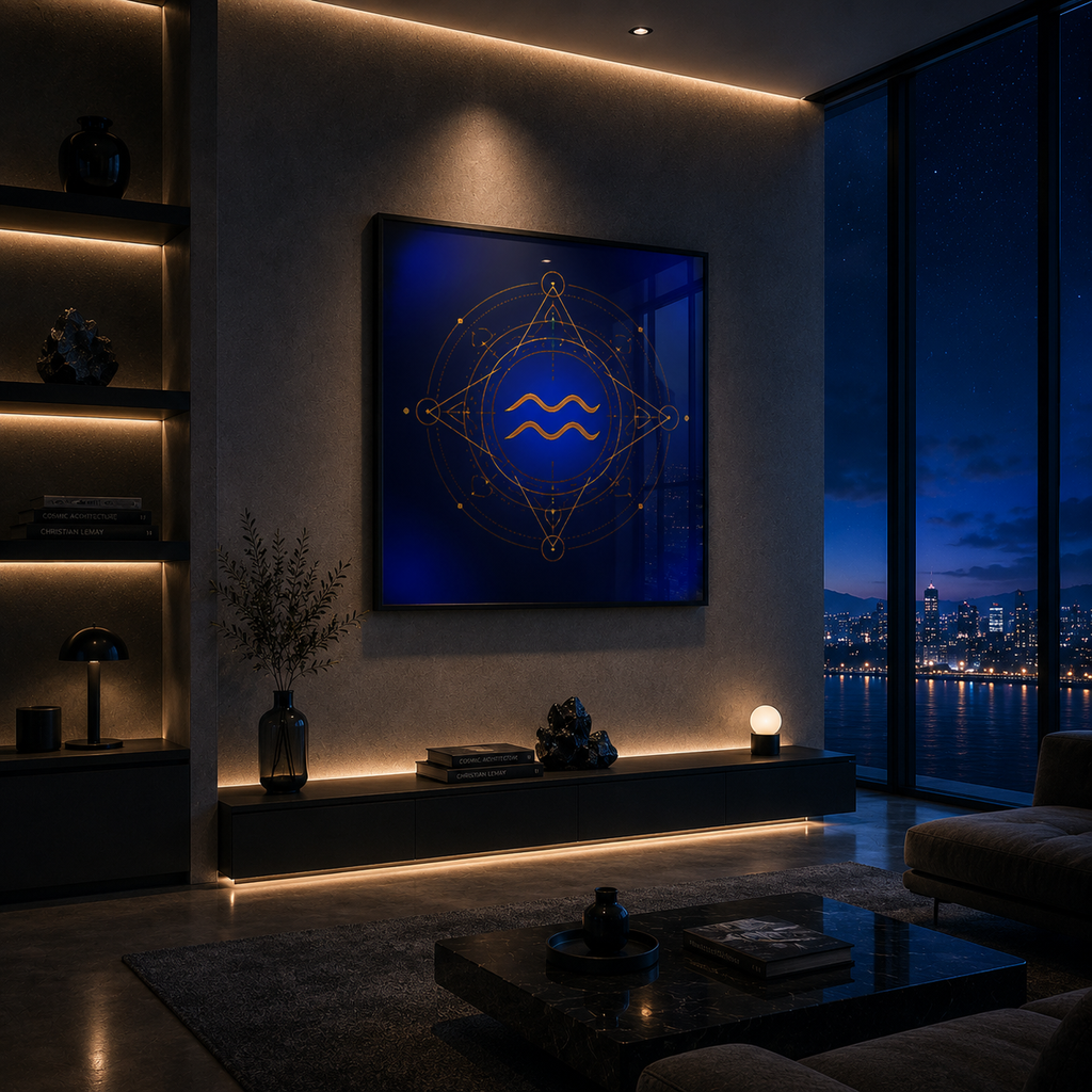 Arte zodiacal Acuario con geometría luminosa azul y dorada