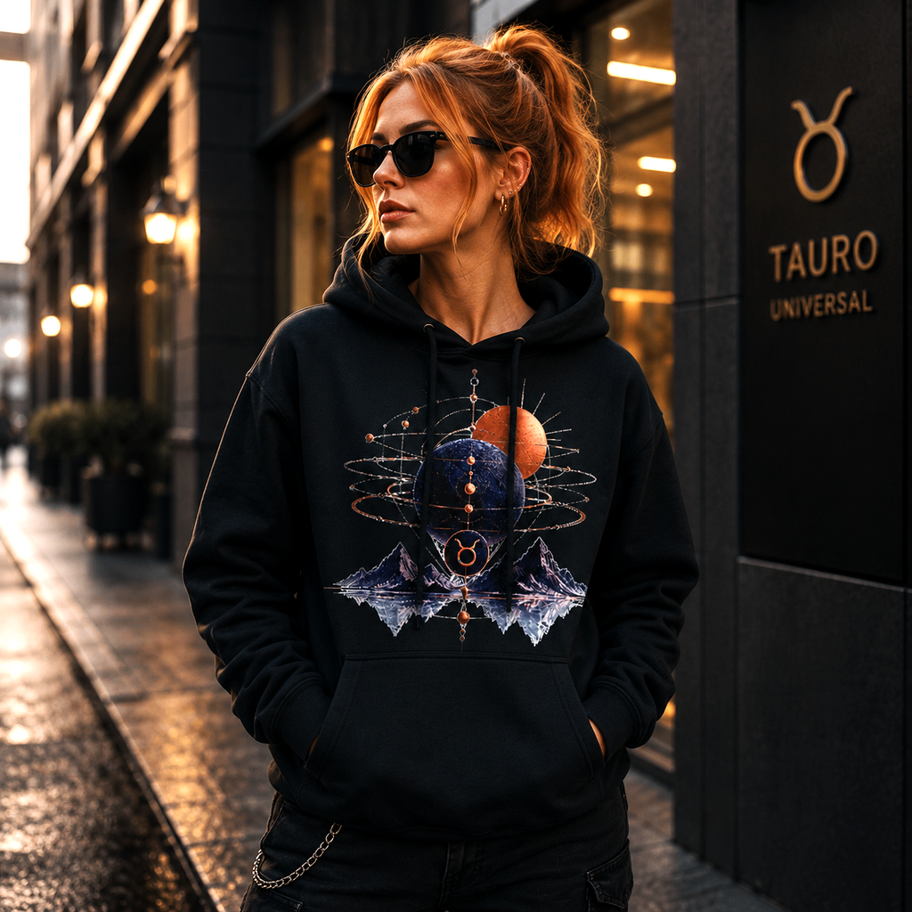 Mujer vistiendo hoodie negro Conjunción Tauro con ilustración astral inspirada en Tauro.
