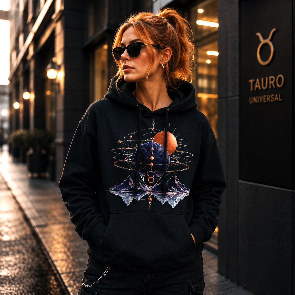 Mujer vistiendo hoodie negro Conjunción Tauro con ilustración astral inspirada en Tauro.