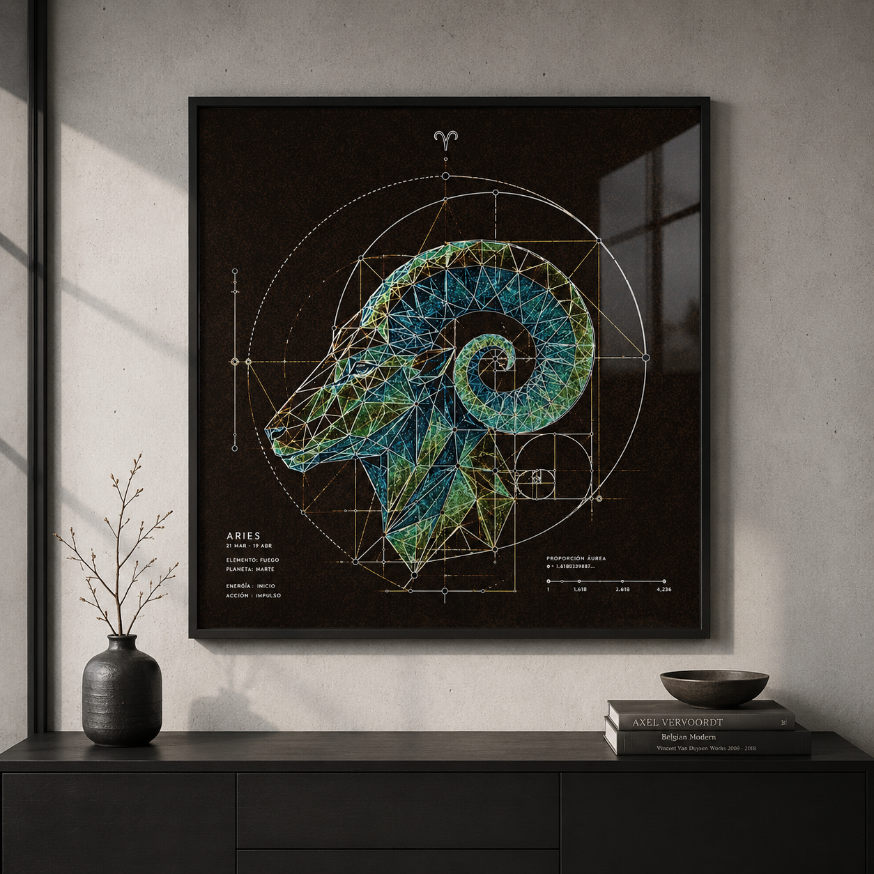 Fine Art Poster Perfil Áureo Aries en interior contemporáneo elegante
