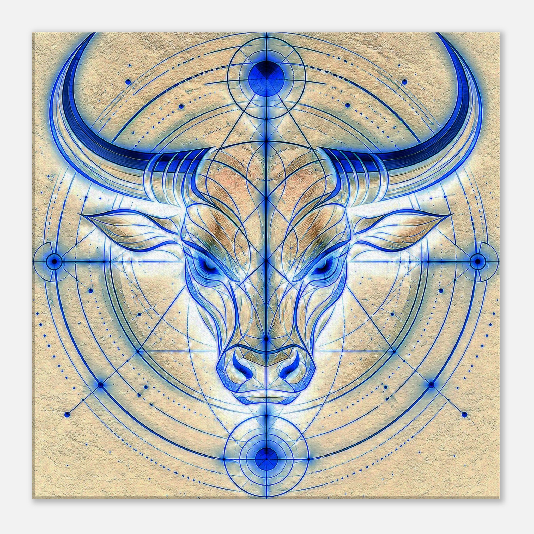 Detalle del diseño Toro Azul con geometría zodiacal inspirada en la energía de Tauro.