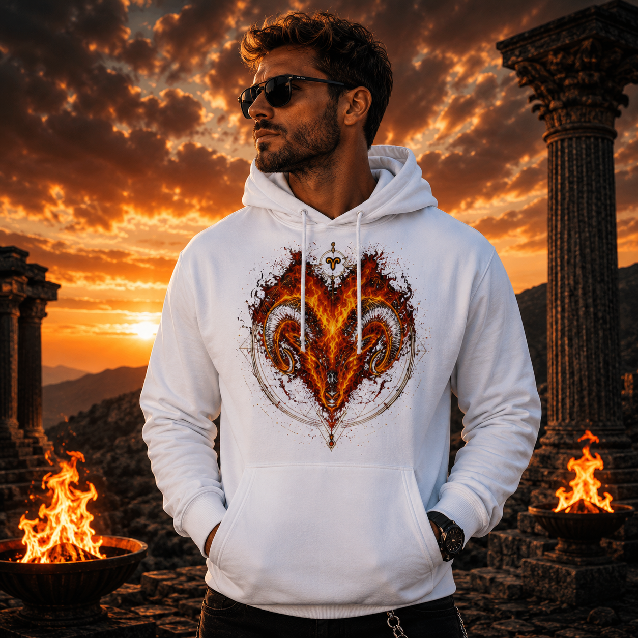 Hoodie premium Aries con diseño de fuego contemporáneo