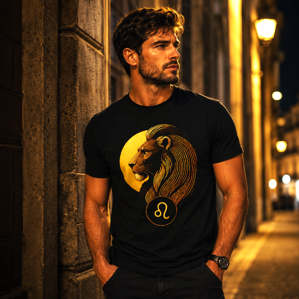 Hombre vistiendo camiseta negra Leo Perfil Realeza con diseño dorado de león en entorno urbano nocturno