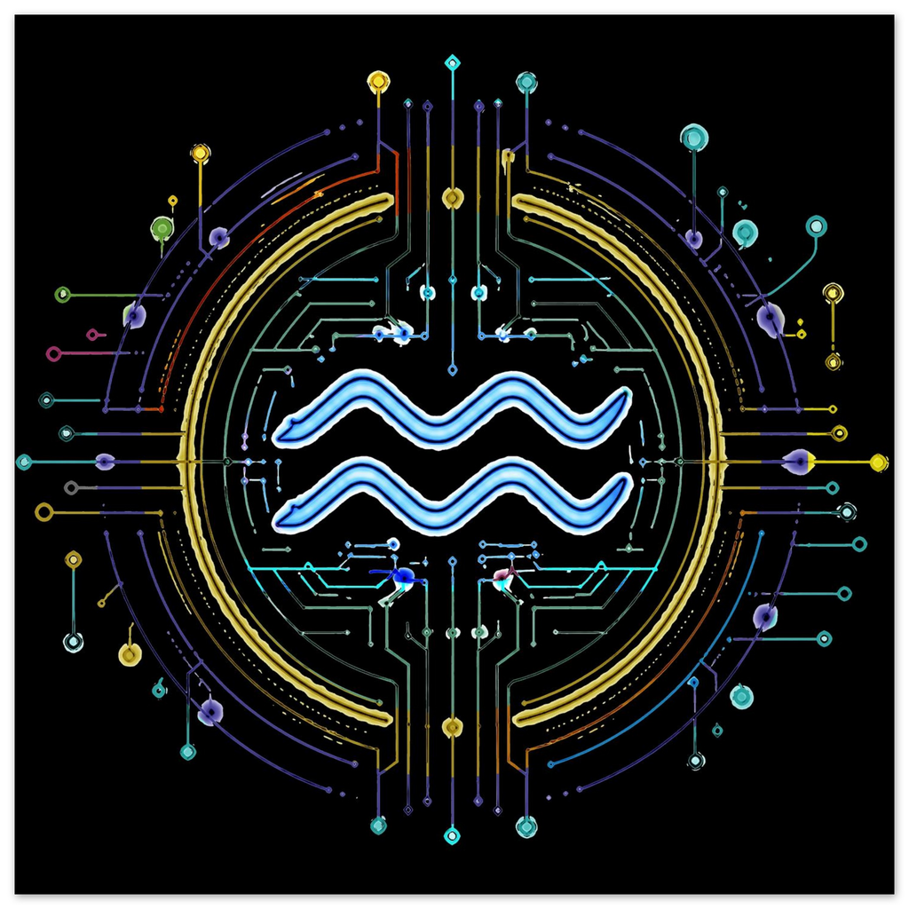 Poster artístico de Acuario inspirado en innovación, tecnología y cosmos