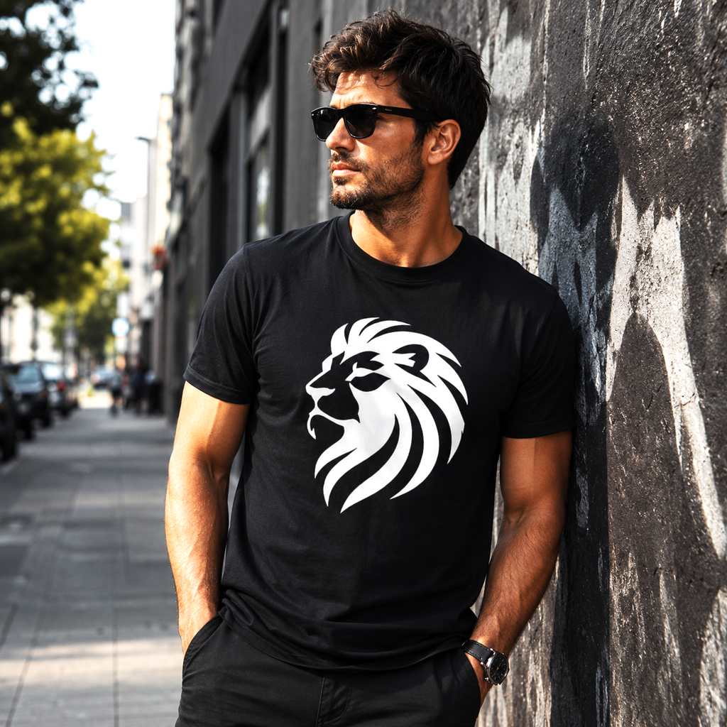 Hombre vistiendo camiseta blanca Leo Tribalista con ilustración tribal leonina de gran impacto visual