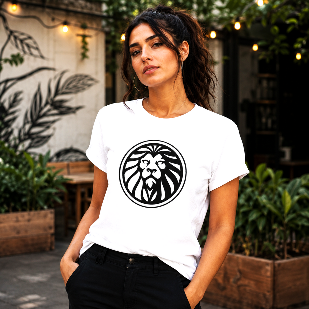 Mujer vistiendo camiseta blanca Leo Medallón con emblema leonino minimalista inspirado en el signo Leo