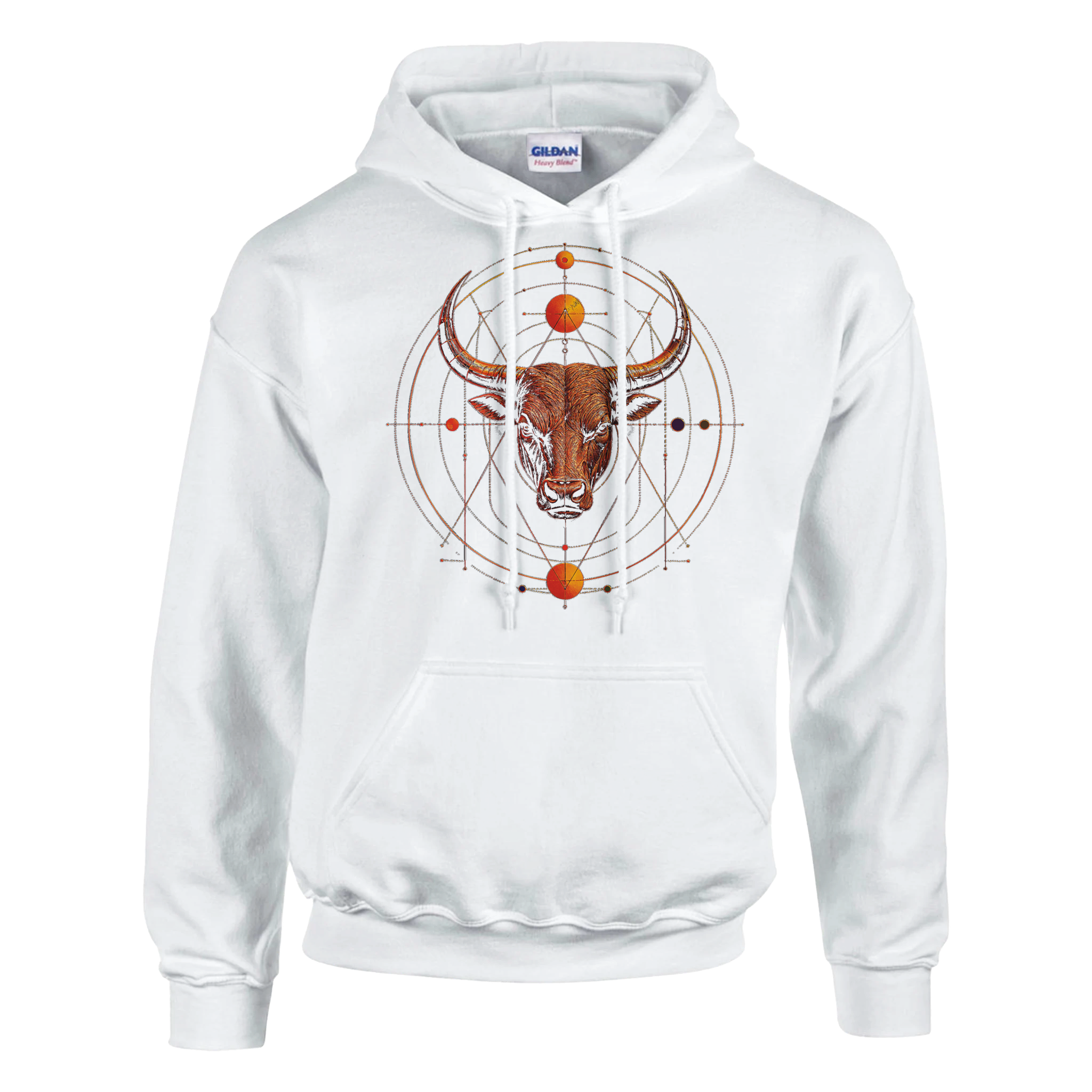 Hoodie blanco Tauro Sincronizado con diseño geométrico inspirado en astrología y simbolismo zodiacal.