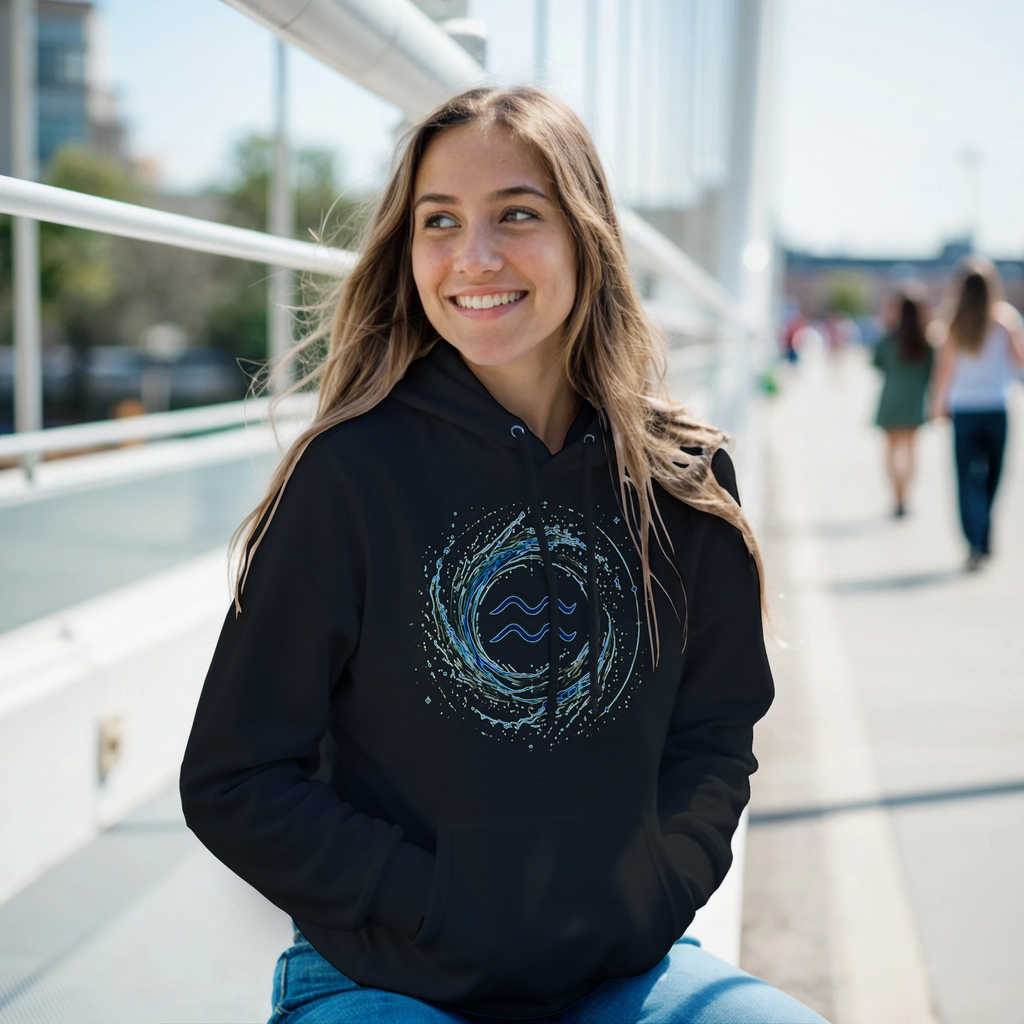 Hoodie astral Acuario surfer con estética relajada y diseño contemporáneo