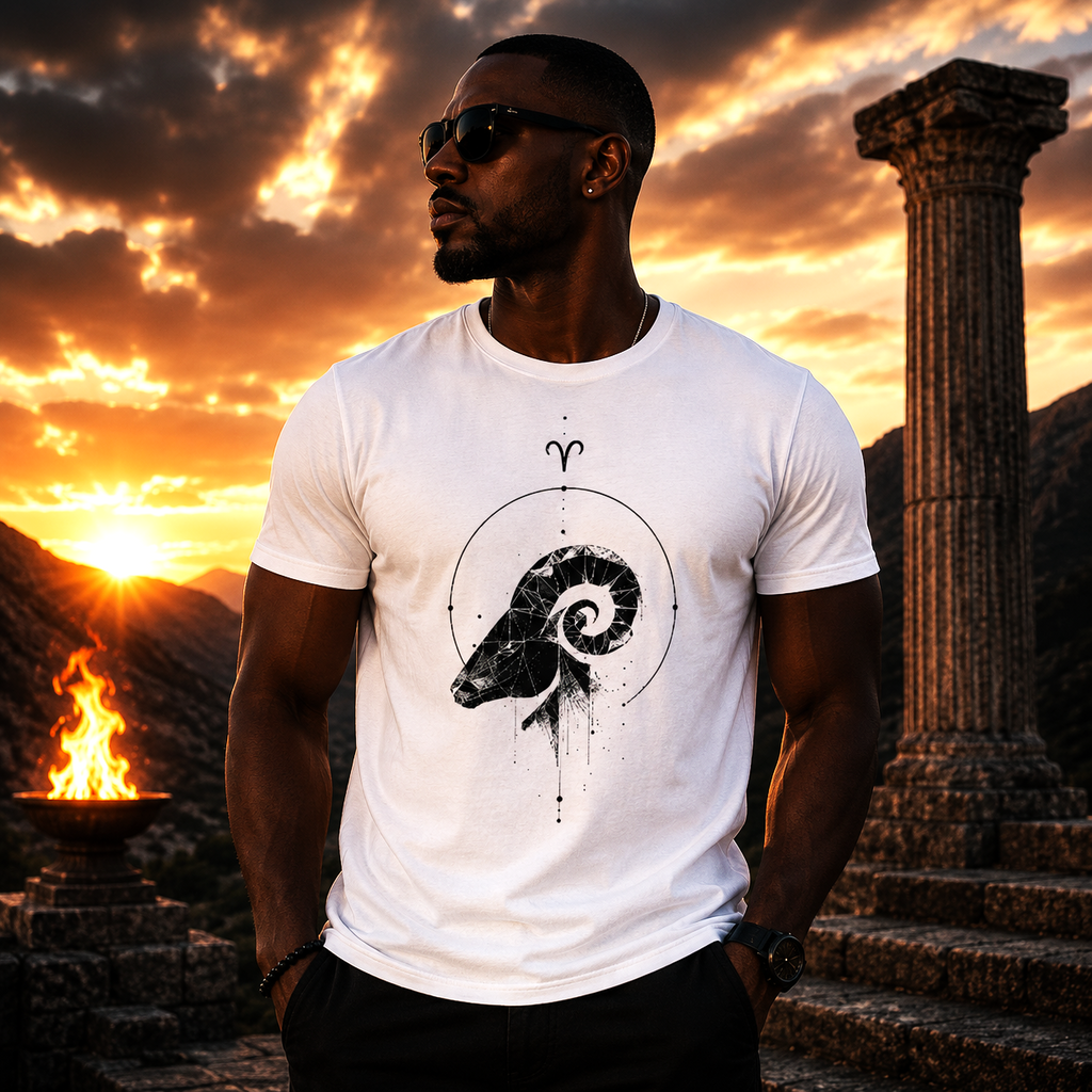 Modelo vistiendo camiseta blanca Perfil Geométrico Aries al atardecer
