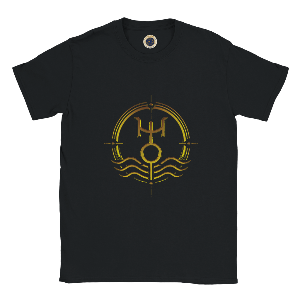 Camiseta negra unisex Acuario con arte zodiacal minimalista dorado
