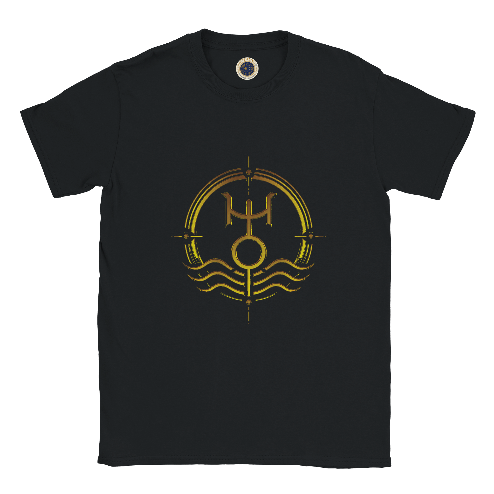 Camiseta negra unisex Acuario con arte zodiacal minimalista dorado