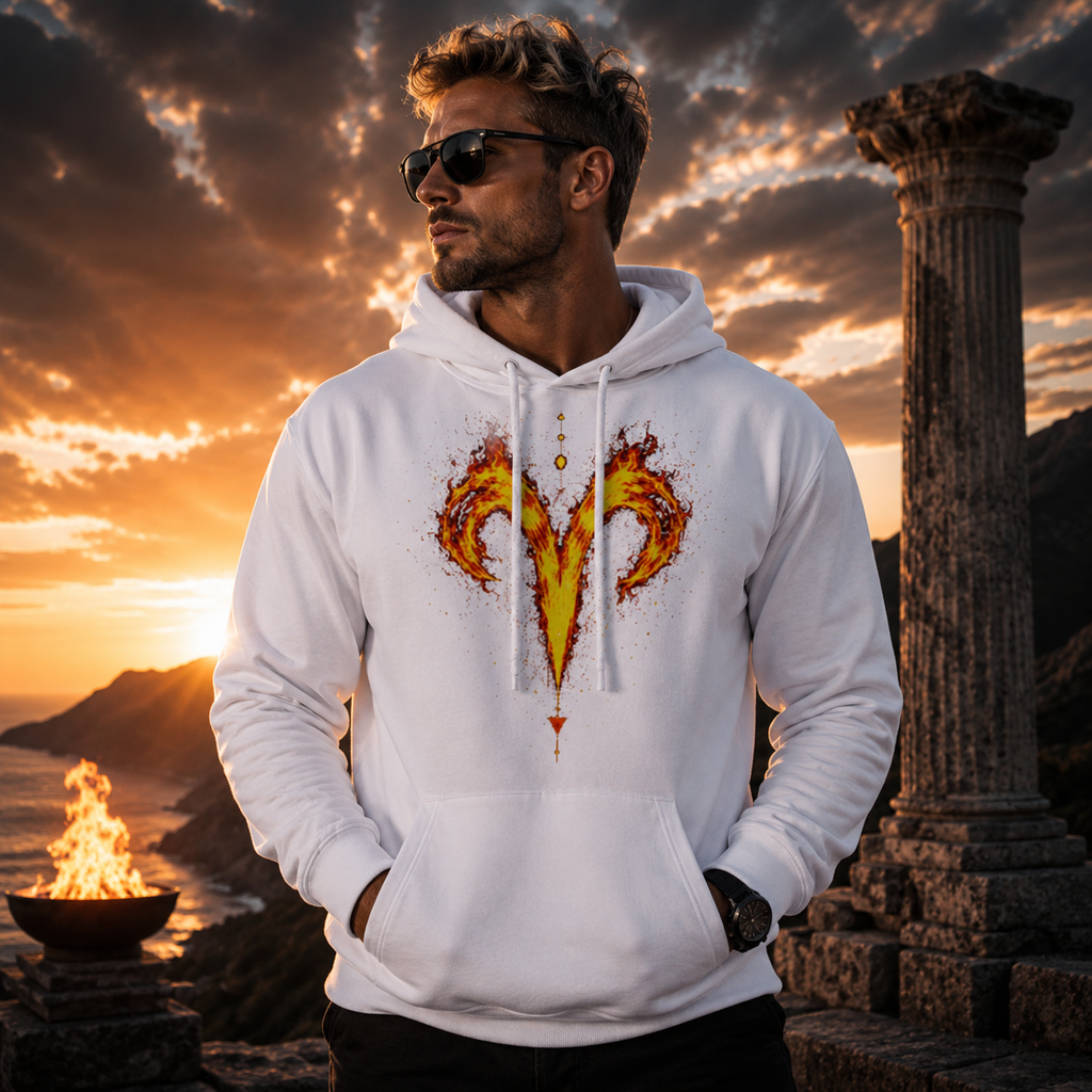 Hoodie premium Aries con símbolo de fuego contemporáneo