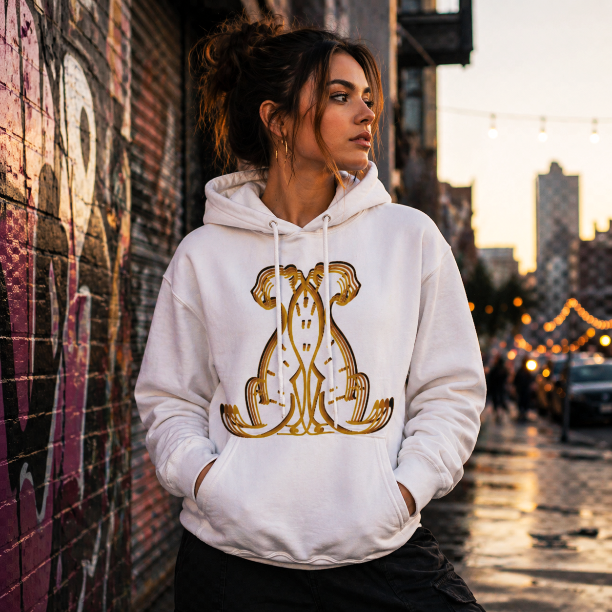Modelo urbano vistiendo hoodie blanco Géminis tribal diseño astrológico Astrálisis