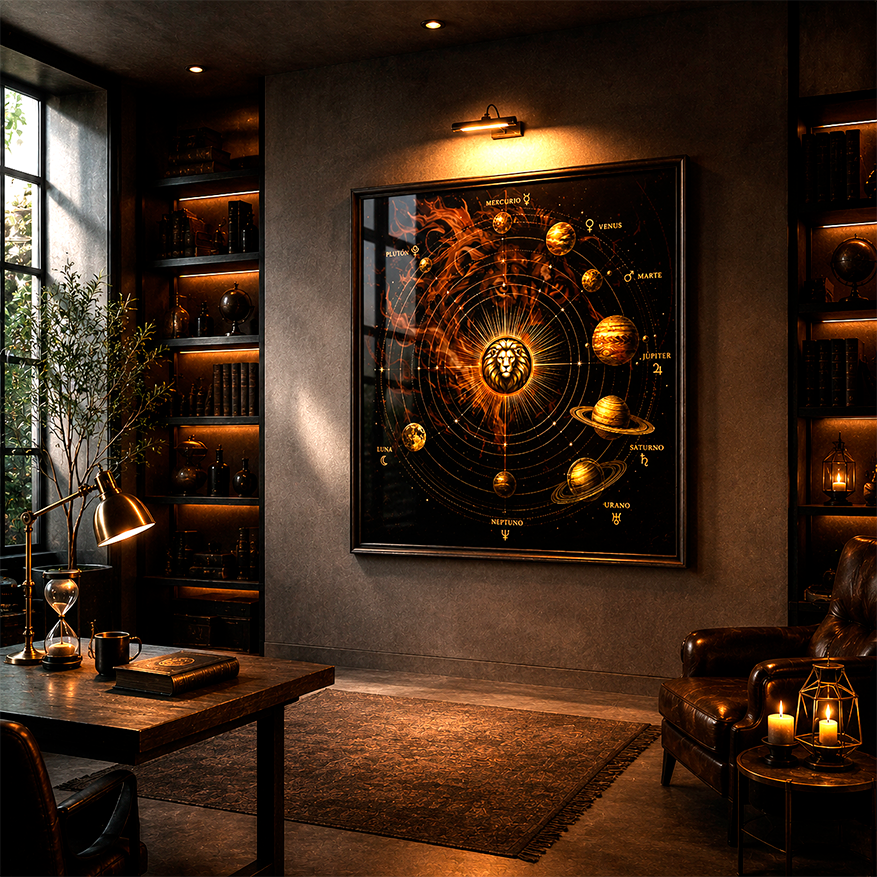 Poster Fine Art Leo Reino Planetario exhibido en despacho elegante con iluminación cálida y atmósfera astronómica inspirada en Leo