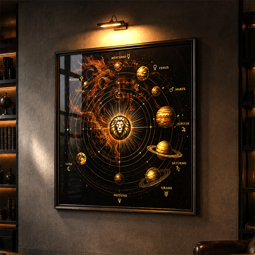 Detalle de Poster Fine Art Leo Reino Planetario con órbitas planetarias, símbolos astrológicos y energía solar leonina