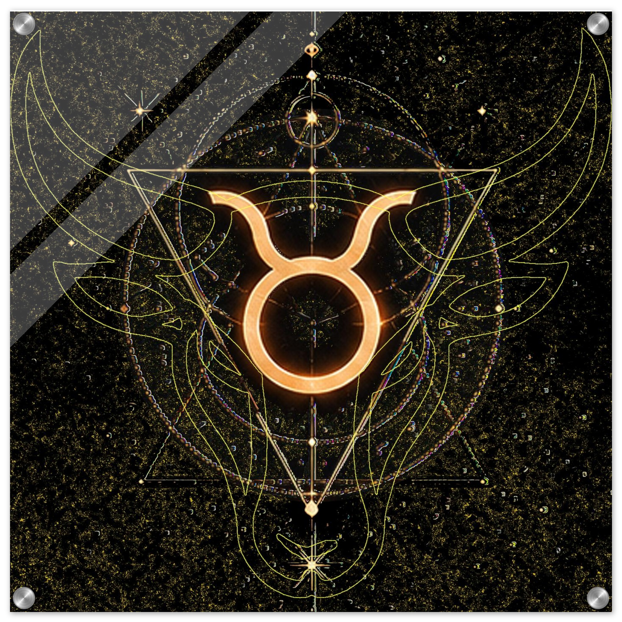 Arte mural Infinito Tauro decorando un espacio moderno inspirado en astrología y diseño.