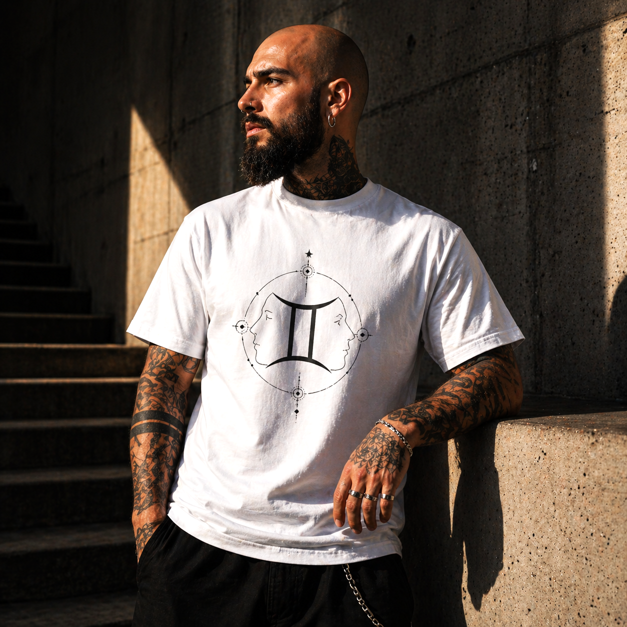 Camiseta blanca Géminis minimalista con símbolo astrológico en diseño geométrico limpio