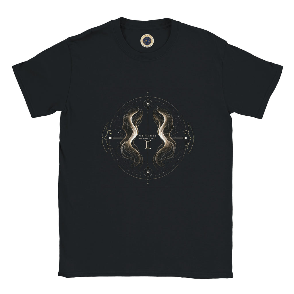 Camiseta negra Géminis con diseño energético vibracional en tonos dorados y logo astrálisis