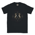 Camiseta negra Géminis con diseño energético vibracional en tonos dorados y logo astrálisis