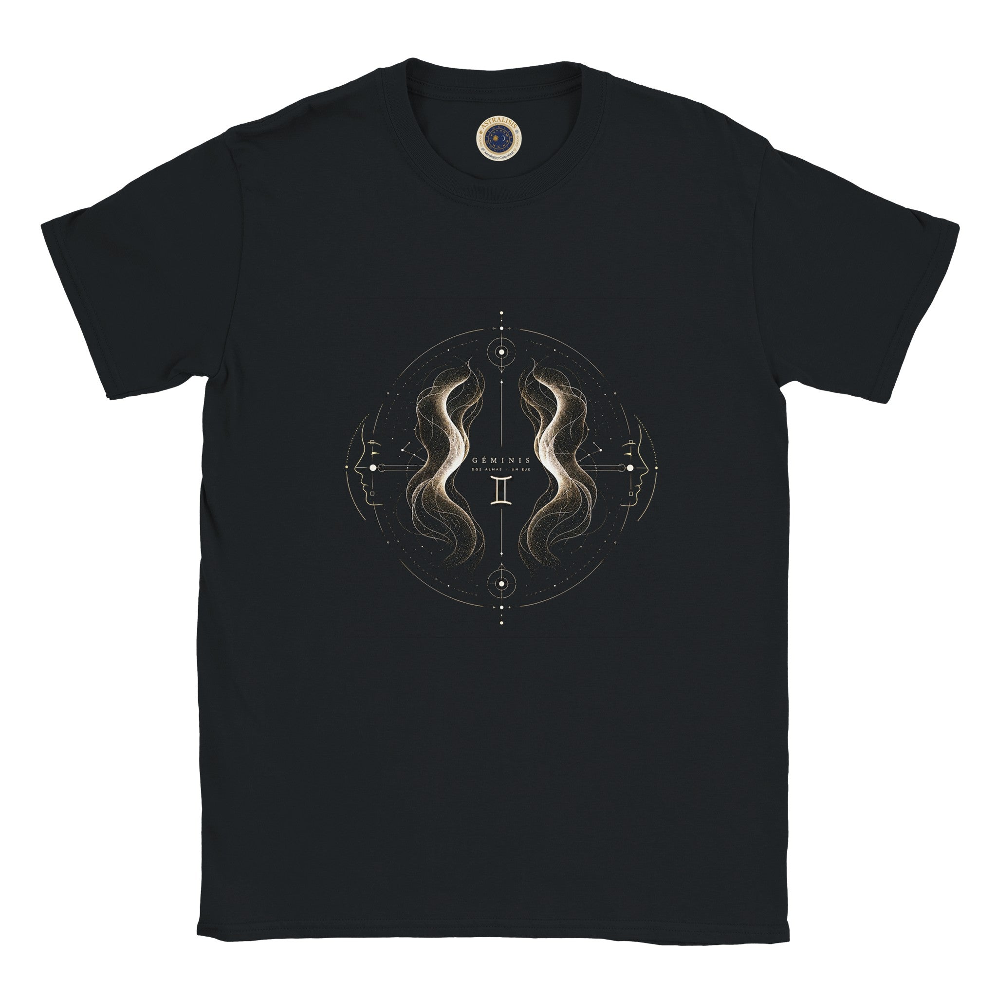 Camiseta negra Géminis con diseño energético vibracional en tonos dorados y logo astrálisis