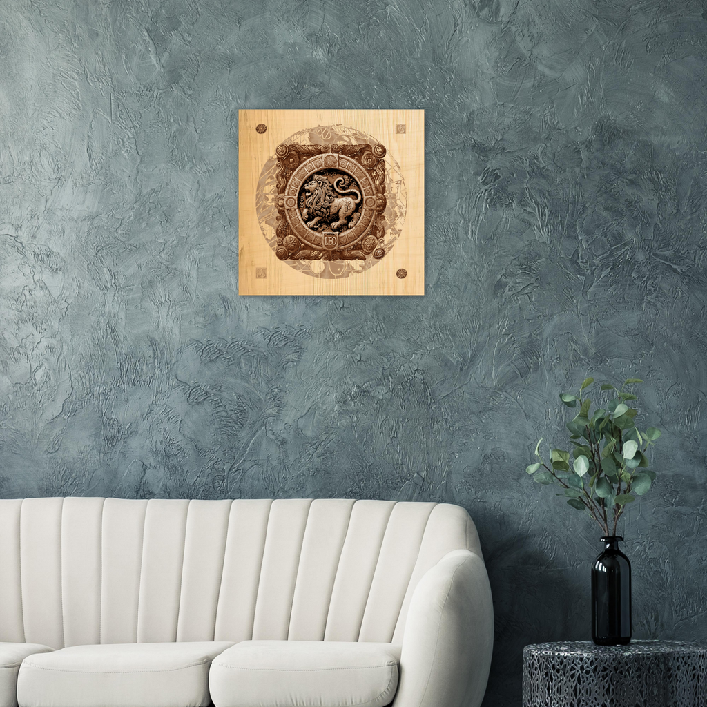 Cuadro astrológico Leo — pieza artística en madera con textura natural