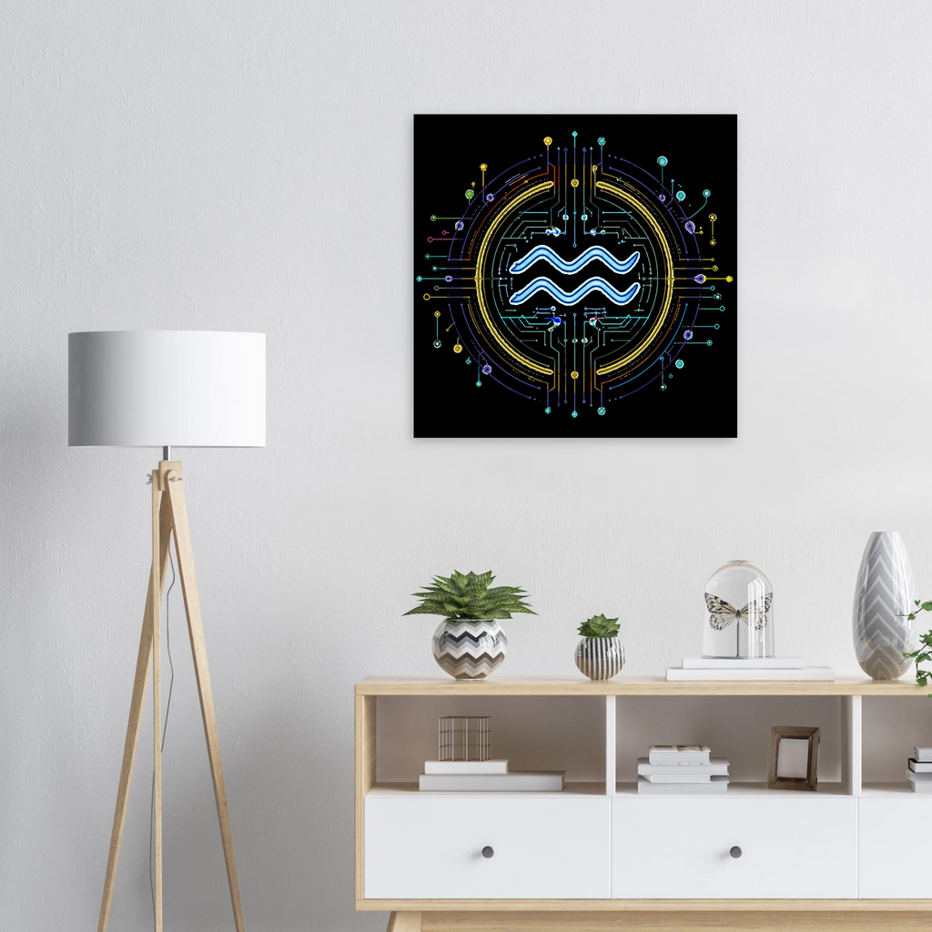 Poster minimalista inspirado en Acuario y estética tecnológica contemporánea
