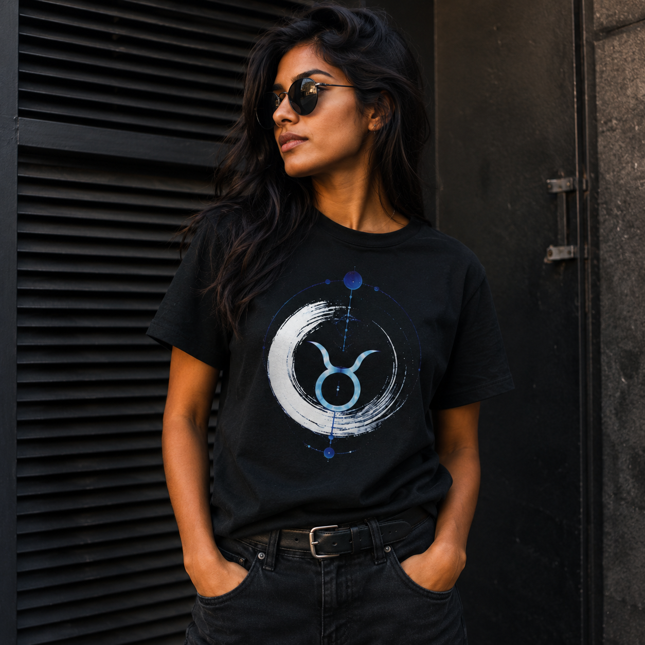 Modelo femenina luciendo camiseta negra Anillo Tauro de inspiración astrológica contemporánea.