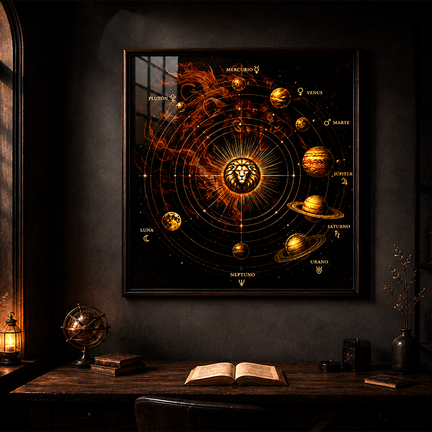 Arte mural Poster Fine Art Leo Reino Planetario instalado en espacio de estudio con estética cósmica y diseño zodiacal premium