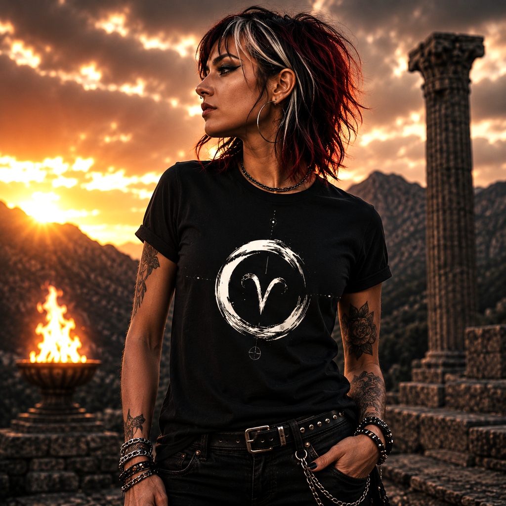 Modelo vistiendo camiseta negra Anillo Aries al atardecer
