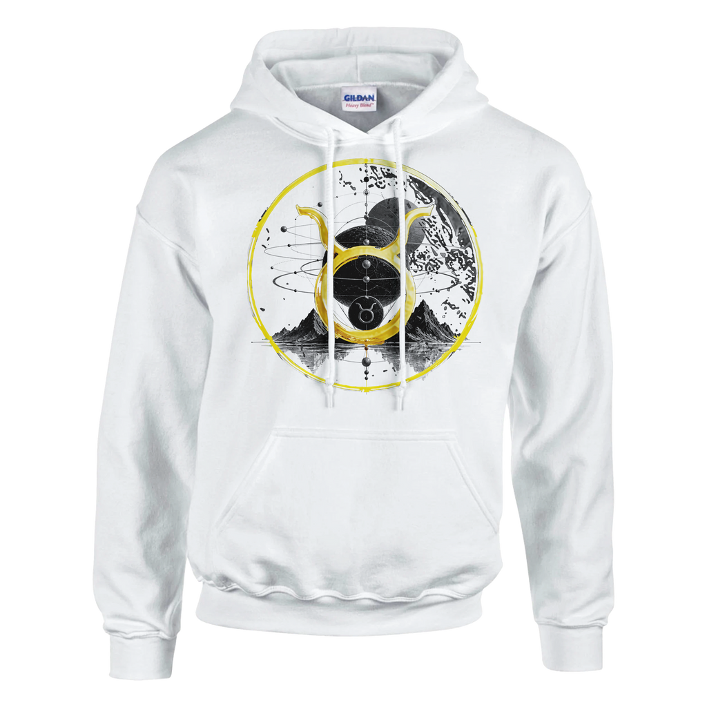 Hoodie blanco Conjunción Tauro con diseño cósmico inspirado en astrología y geometría celestial.