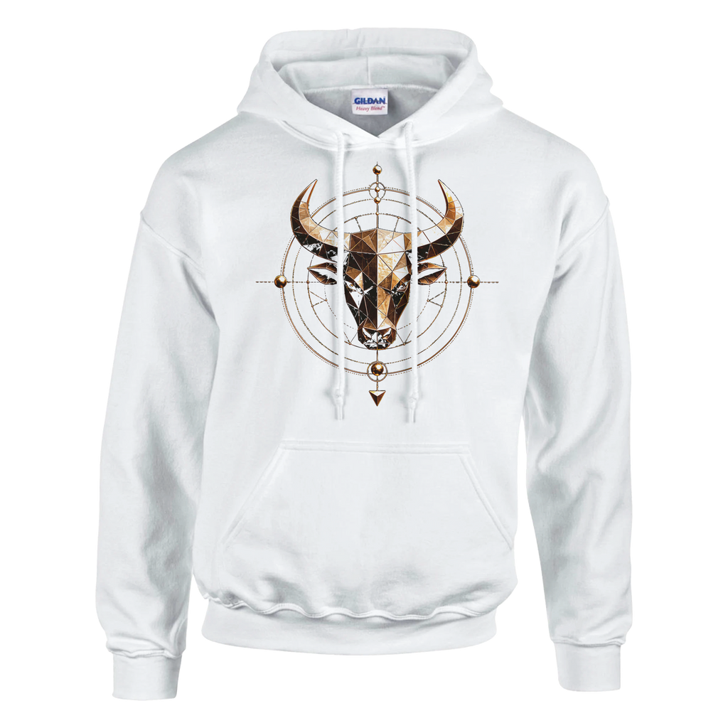 Hoodie blanco Tauro Geométrico con diseño dorado inspirado en geometría sagrada y astrología.
