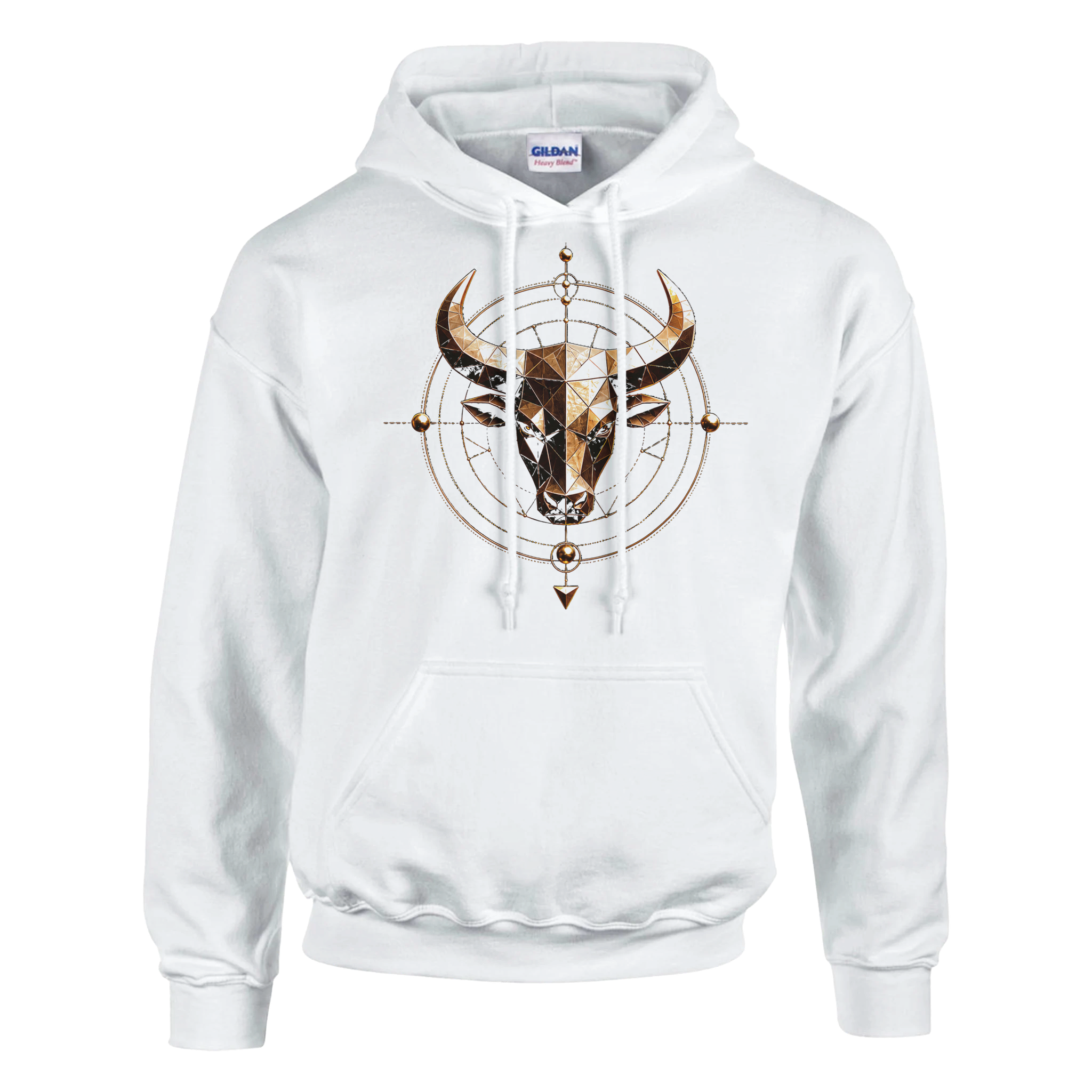 Hoodie blanco Tauro Geométrico con diseño dorado inspirado en geometría sagrada y astrología.