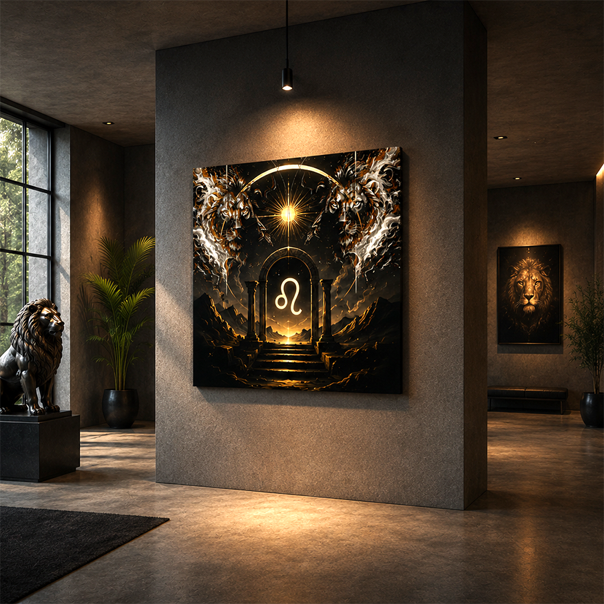 Diseño zodiacal Portal Solar de Leo instalado en interior moderno con simbolismo solar y paisaje cósmico dorado