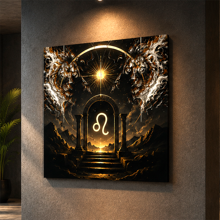 Poster Fine Art Portal Solar de Leo con arco ceremonial, energía dorada y guardianes leoninos en composición astral