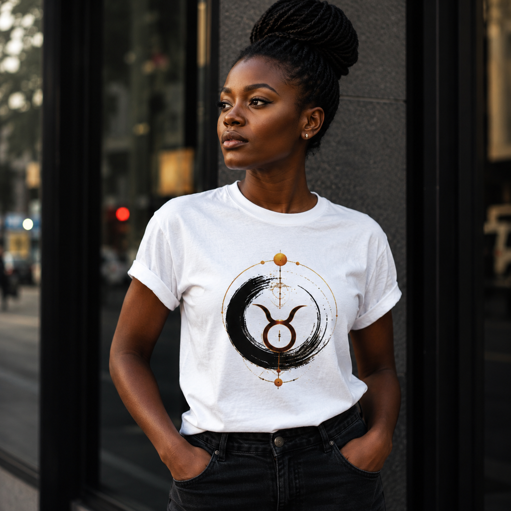 Mujer vistiendo camiseta blanca Anillo Tauro con símbolo zodiacal minimalista.