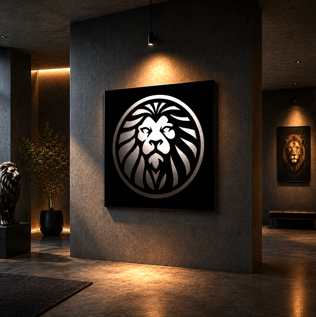 Arte mural de metal inspirado en Leo con diseño geométrico y acabado premium