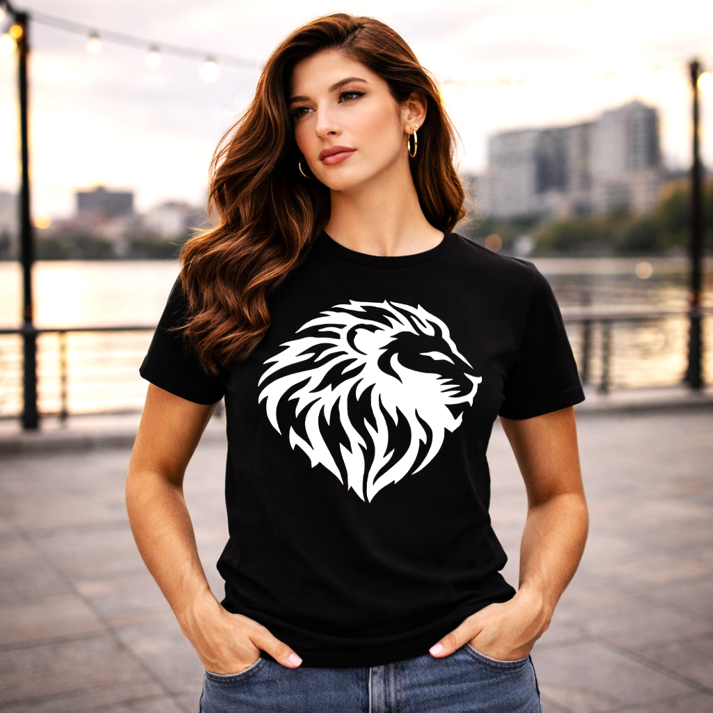 Diseño león tribal en camiseta negra astrología Leo