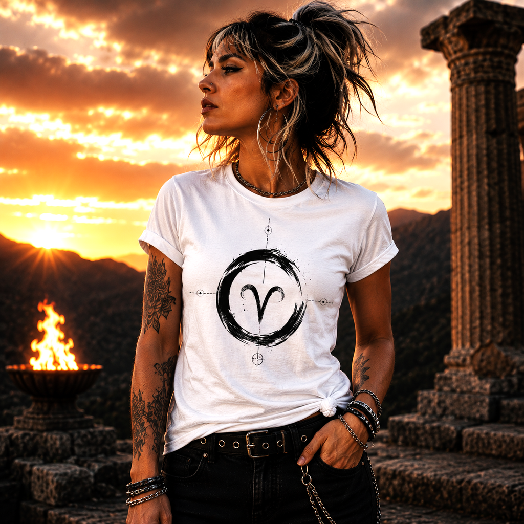 Modelo vistiendo camiseta blanca Anillo Aries al atardecer