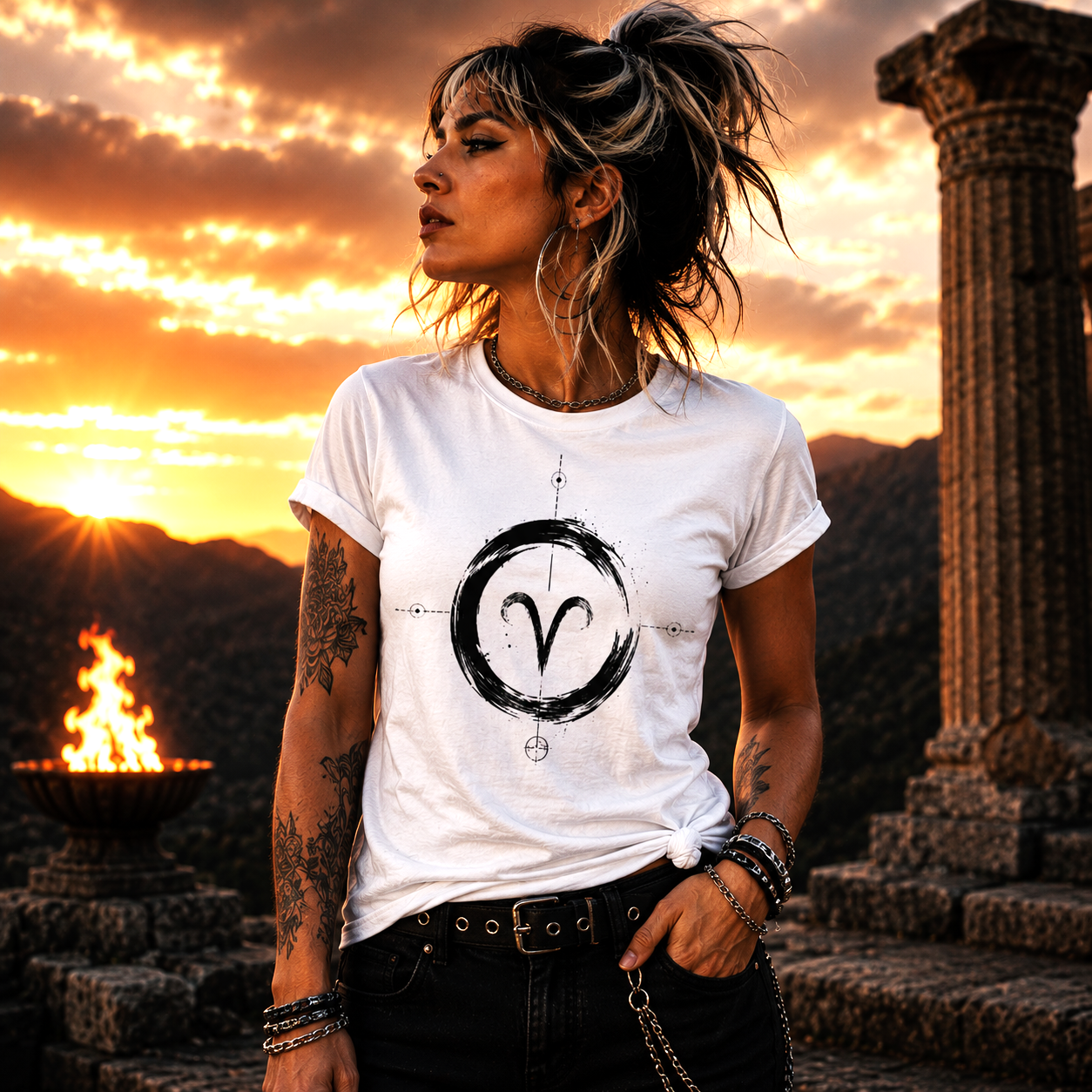 Modelo vistiendo camiseta blanca Anillo Aries al atardecer