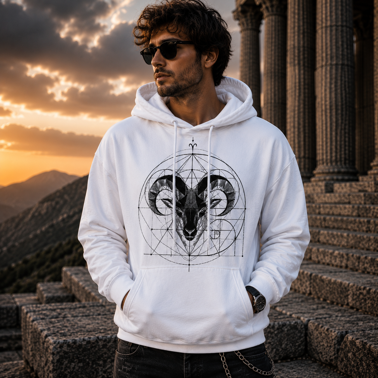 Hoodie premium Aries con diseño geométrico contemporáneo