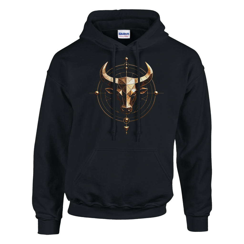 Hoodie negro Tauro Geométrico con diseño dorado inspirado en geometría sagrada y astrología.