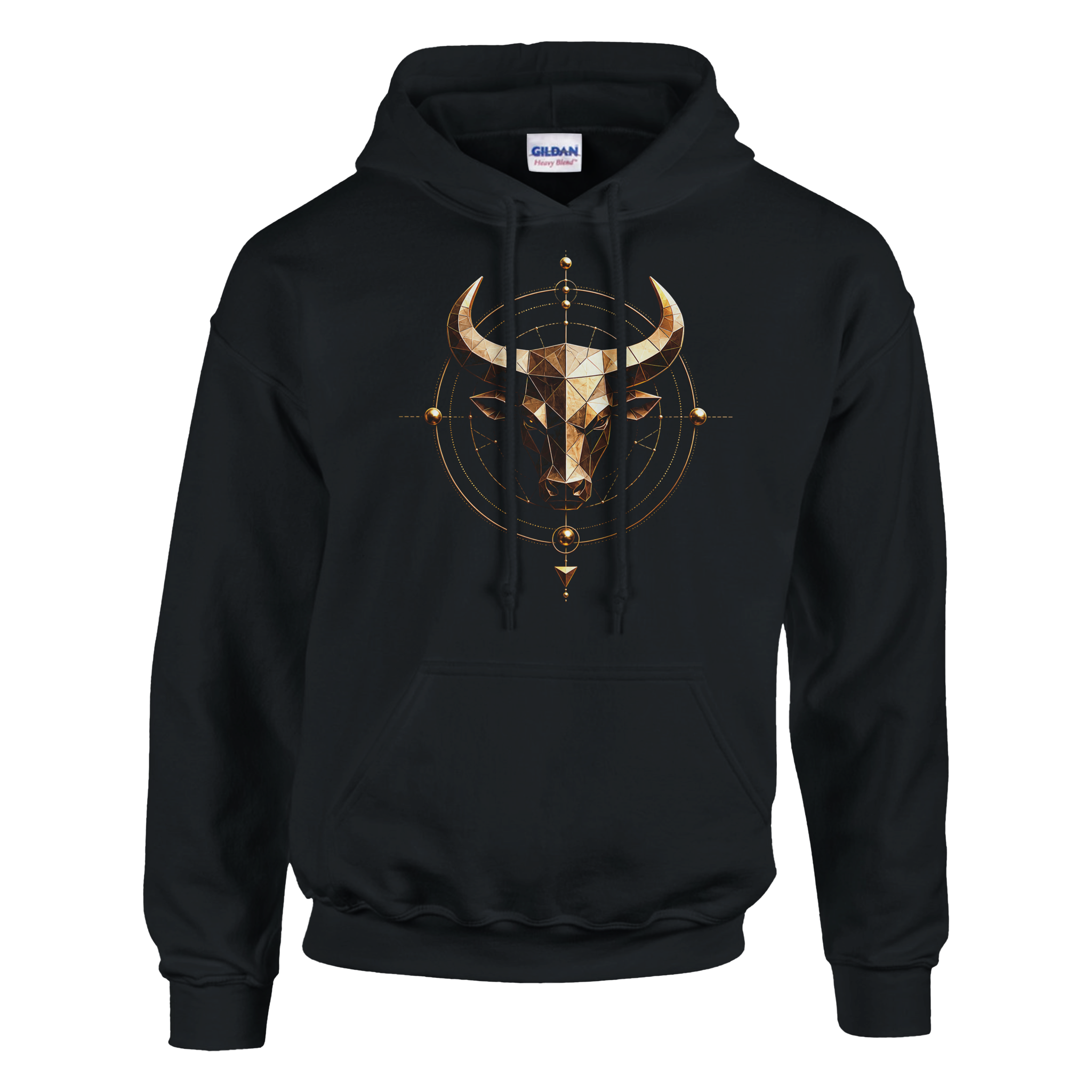 Hoodie negro Tauro Geométrico con diseño dorado inspirado en geometría sagrada y astrología.