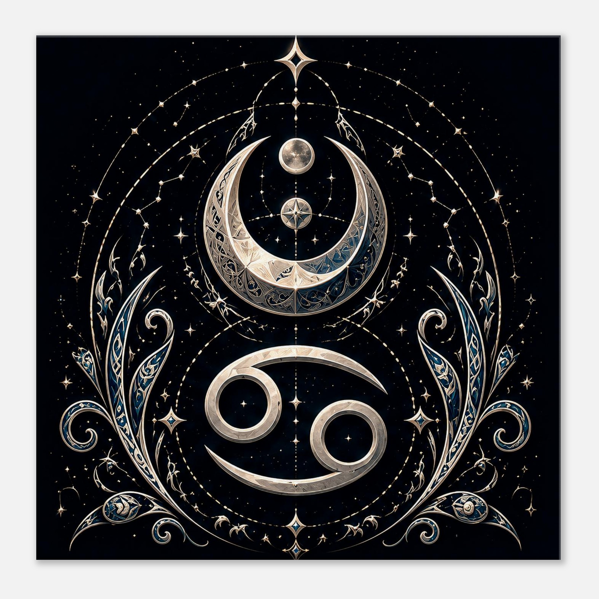 Arte zodiacal contemporáneo de Cáncer con composición elegante en tonos oscuros