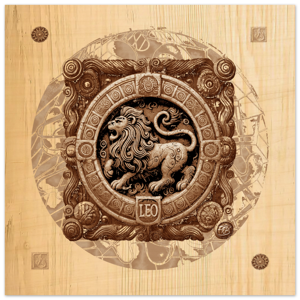 Detalle obra Leo madera textura grabado diseño zodiacal