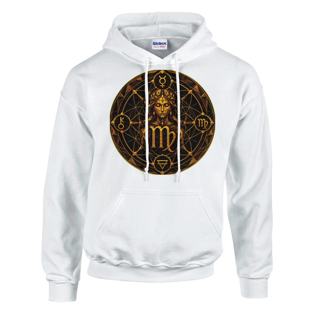 Vista frontal del hoodie blanco Geometría Virgo con diseño artístico exclusivo de Astrálisis.
