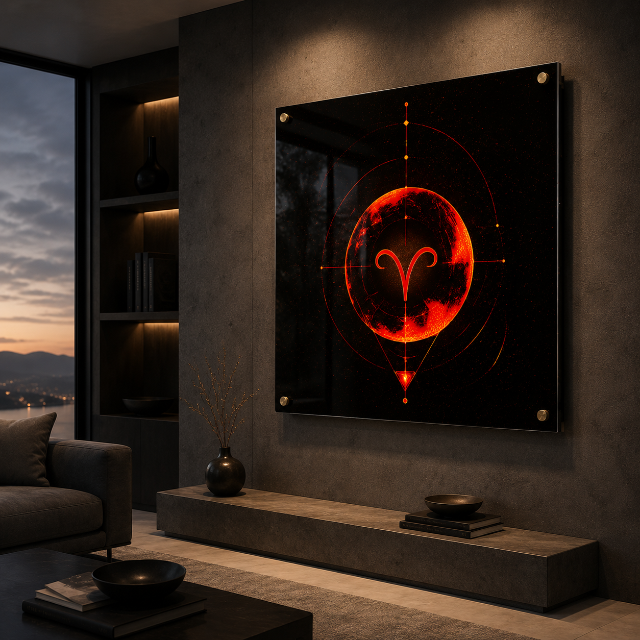 Arte zodiacal Aries con núcleo energético rojo brillante