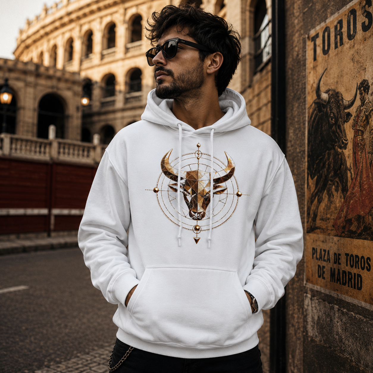 Hombre vistiendo hoodie blanco Tauro Geométrico en entorno urbano con inspiración zodiacal.
