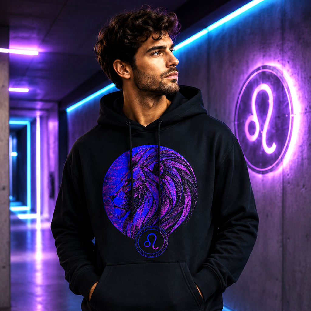 Hombre vistiendo sudadera negra Leo Perfil Realeza colección Astrálisis