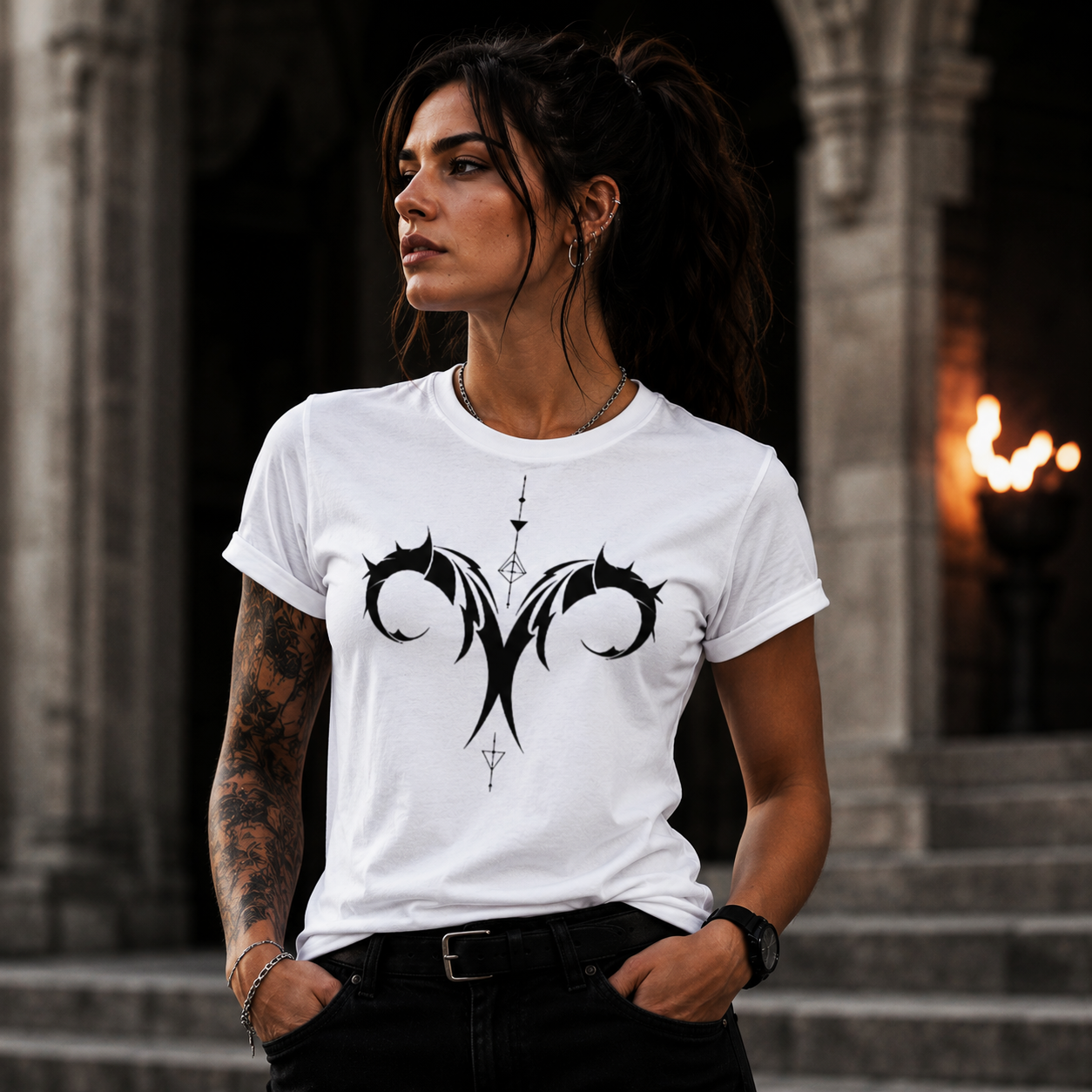 Camiseta premium Aries con diseño tribal contemporáneo
