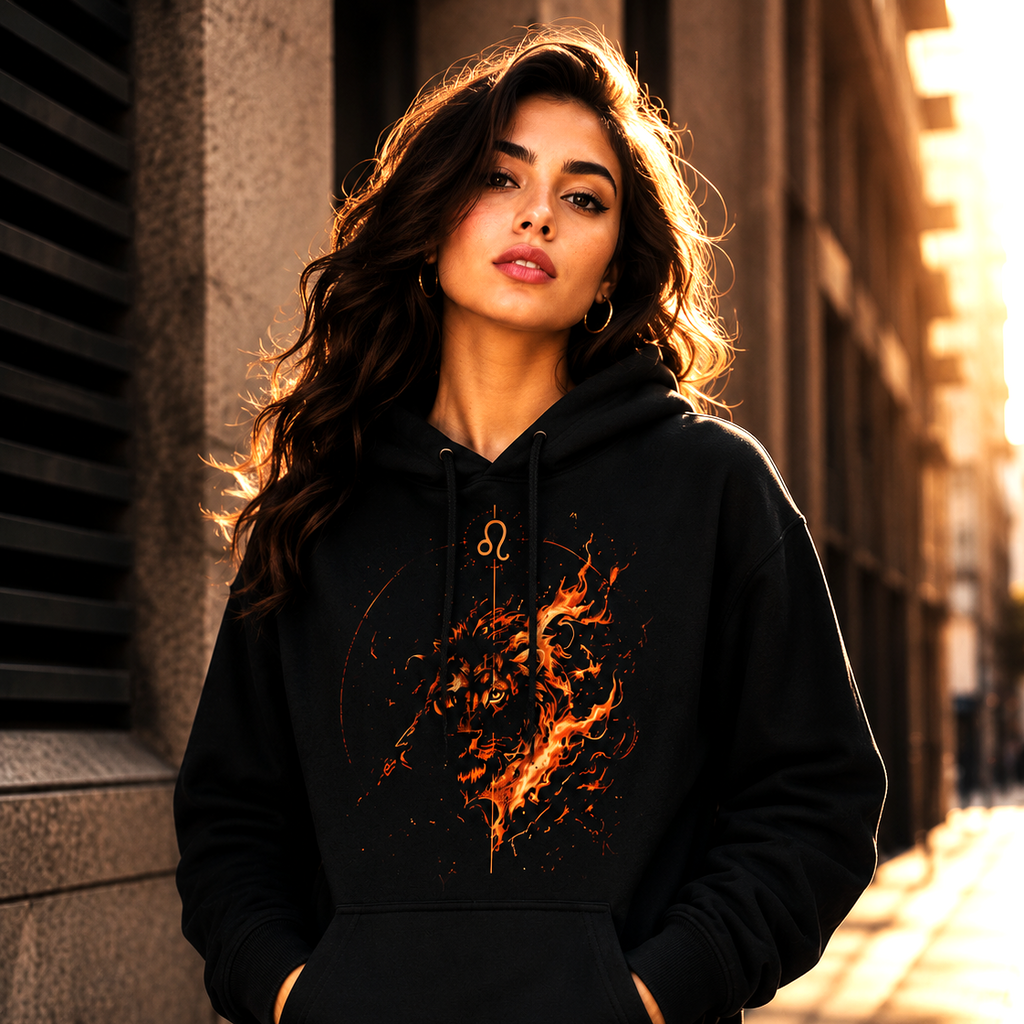 Mujer vistiendo sudadera negra Leo de Fuego colección Astrálisis